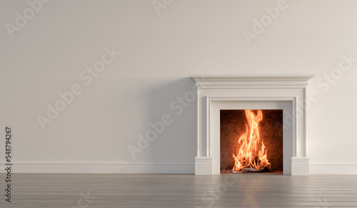 Large traditional fireplace with roaring fire. Empty mantle piece mockup shelf. 3D Rendering photo