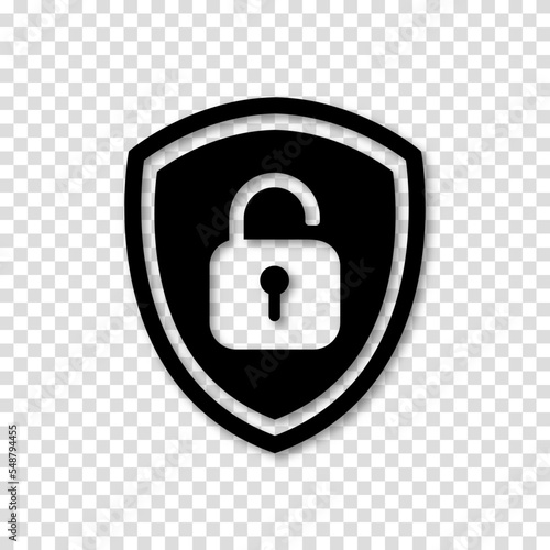 Icon or symbol of a shield with a opened padlock. Sign unlock on a transparent background. Vector illustration.