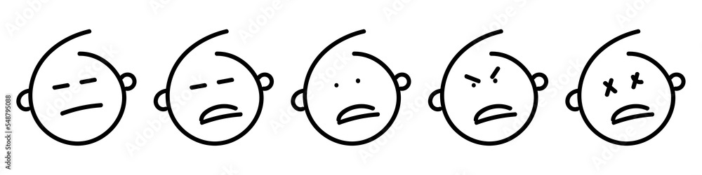 Set of outline emoticons doodle sad face icon. Black line emoji on