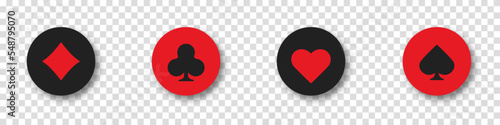 Set collection gambling sign symbol of playing card suits and chips for poker and casino. Hearts, clubs, diamonds and spades on an isolated transparent background.
