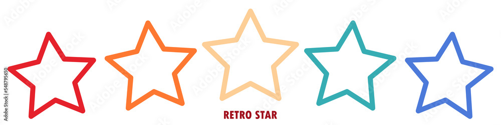 Colorful rating 5 stars in retro style on a white background. Feedback concept for mobile app or website. Quality shape design. Vector illustration in 1970s 1980s 1960s style. Colorful rating 5 stars in retro style on a white background. Feedback concept for mobile app or website. Quality shape design. Vector illustration in 1970s 1980s 1960s style.