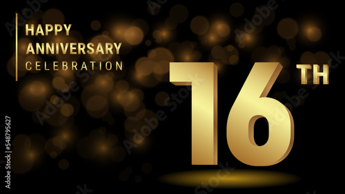 16th Anniversary. 3d template design with gold color for celebration events, invitations, greeting cards, banners, posters and flyers. Vector Template Illustration photo