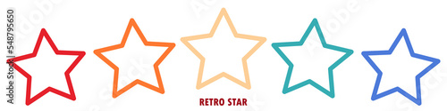 Colorful rating 5 stars in retro style on a white background. Feedback concept for mobile app or website. Quality shape design. Vector illustration in 1970s 1980s 1960s style.