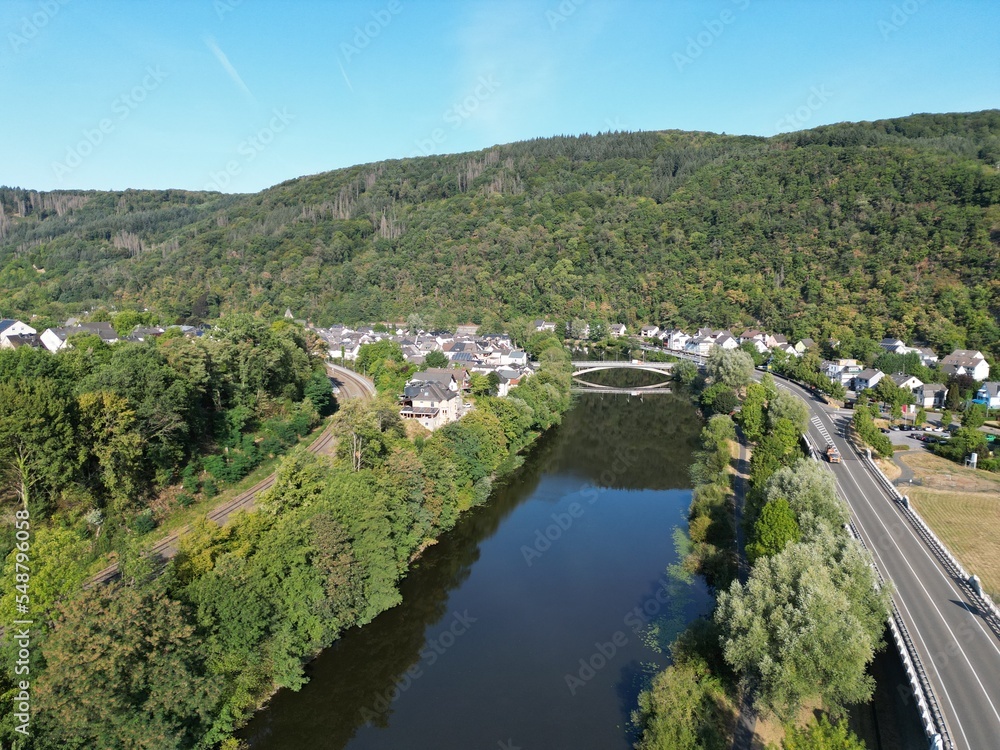 Fachbach town and River Lahn German Rhineland-Palatinate, drone aerial view ..