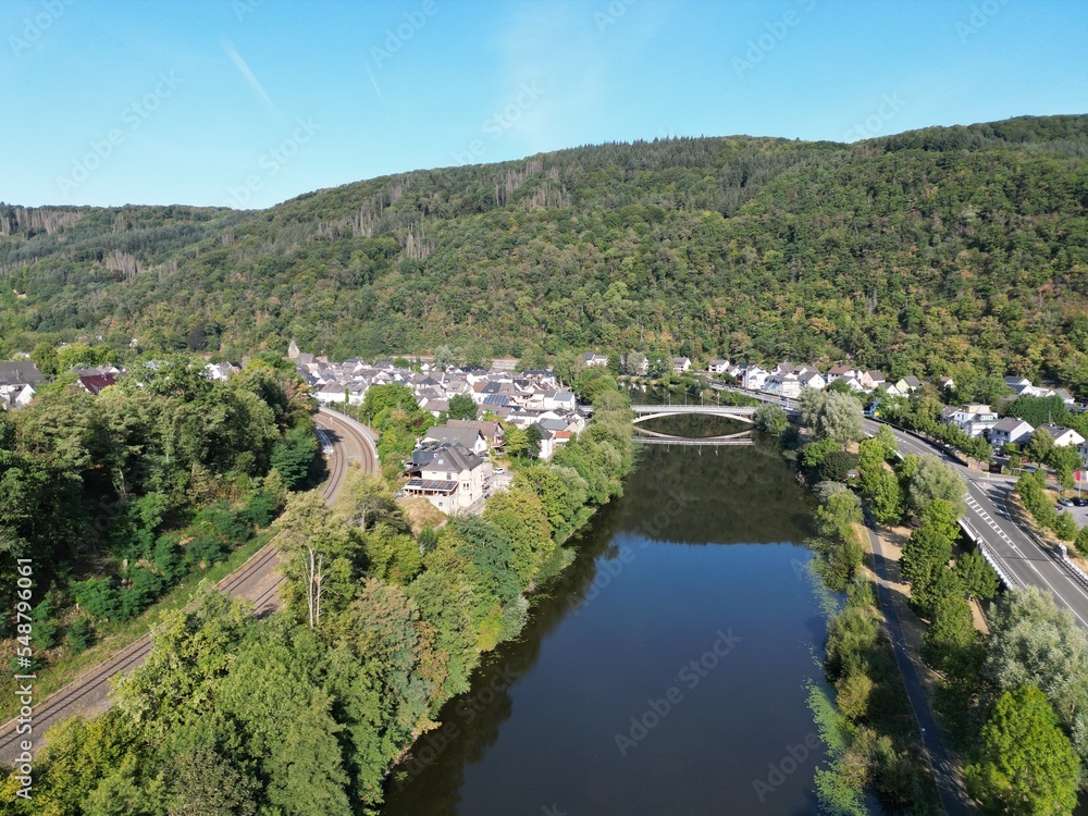 Obraz premium Fachbach town and River Lahn German Rhineland-Palatinate, drone aerial view ..
