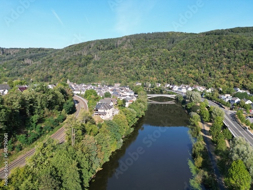 Fachbach town and River Lahn German Rhineland-Palatinate, drone aerial view .. photo