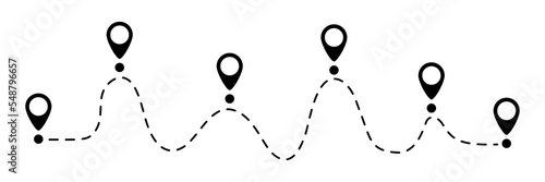 Pin map dotted line. Navigation pointers. Destination sign. Vector illustration isolated on white.