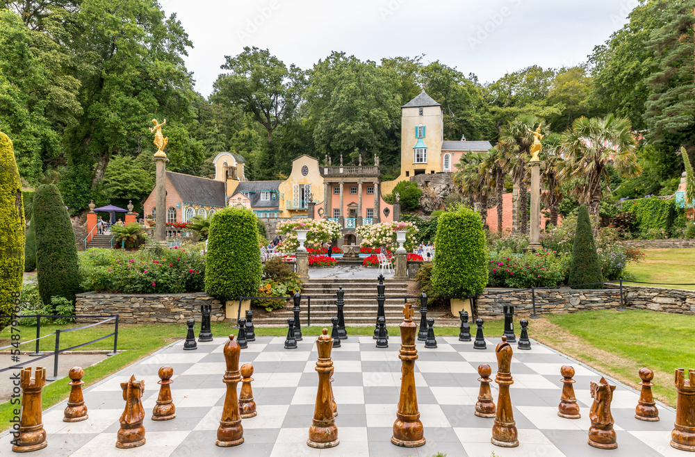 Portmeirion, beautiful village in Wales, UK with colorful italian style buildings and gardens 