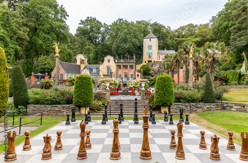 Portmeirion, beautiful village in Wales, UK with colorful italian style buildings and gardens  photo