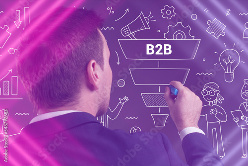 Business, Technology, Internet and network concept. Young businessman working on a virtual screen of the future and sees the inscription: B2B