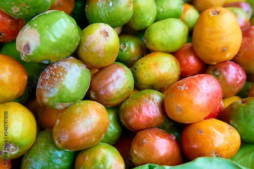Closeup of Jocote fruits (Spondias purpurea) in a market photo