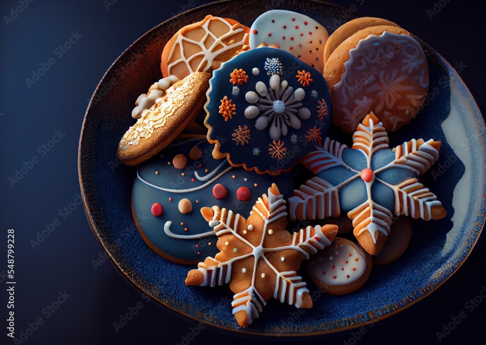 decorated christmas cookies in bowl on dark blue background