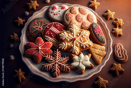 Fotobehang decorated christmas cookies on plate on brown background, generative ai
