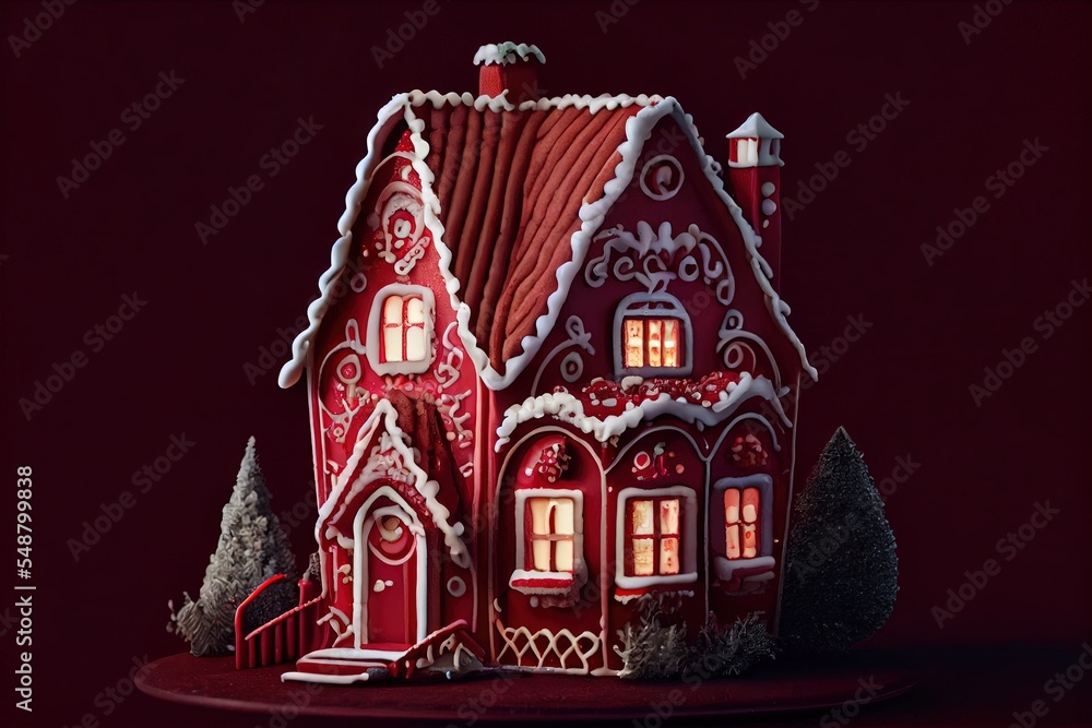 a beautiful lit up gingerbread house for christmas with white sugar based piped decorative elements, generative ai
