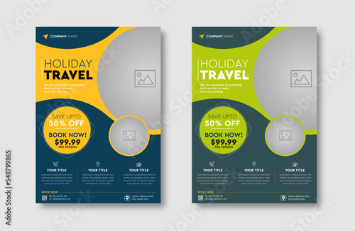 Vacation travel tour agency flyer template design layout. Summer and holiday traveling business advertisement a4 brochure flyer or poster vector template design.