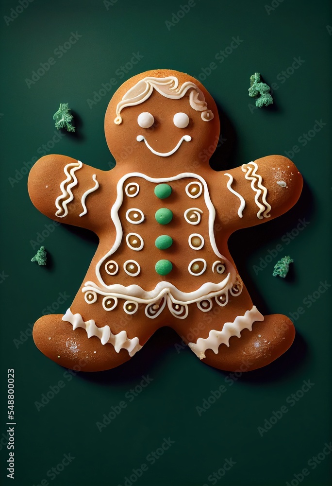 gingerbread cookie man white white decorative frosting on a dark green background, generative ai