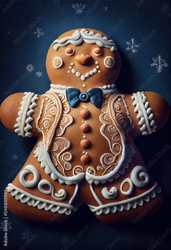 well decorated gingerbread man on dark blue background. decoration is made from white and blue sugar frosting applied with piping technique. generative ai