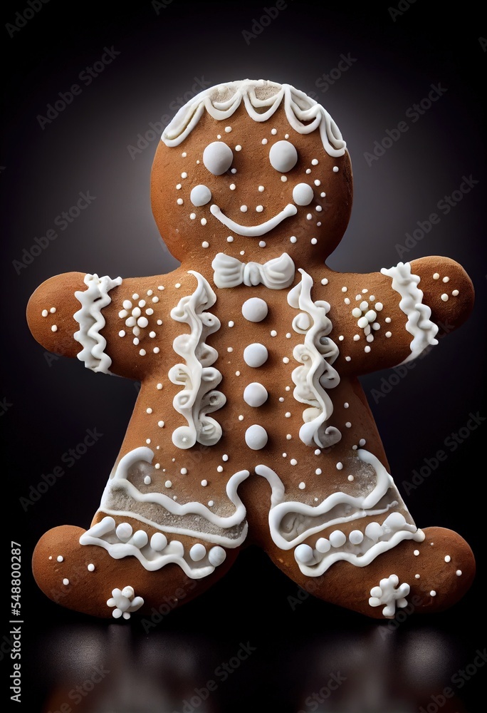 white decorative piping on gingerbread man on dark background, generative ai