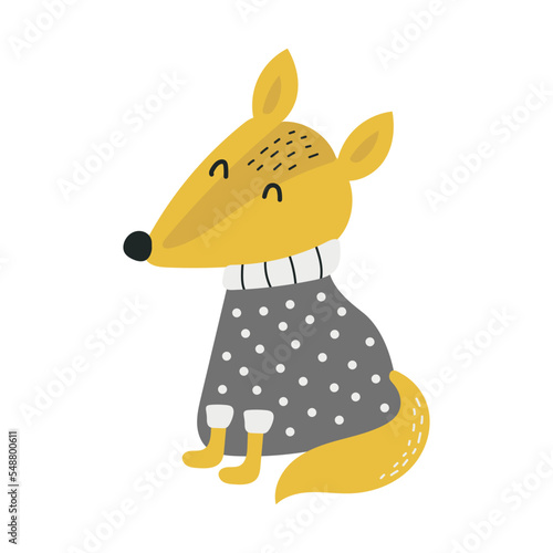 Cute fox in sweater. Adorable foxy baby. Childish animal character vector for card, poster, textile. Scandinavian minimalistic children style