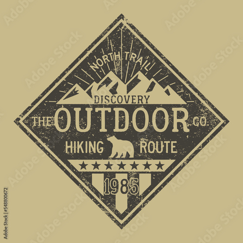 Hiking north trail mountain outdoor discovery vintage vector badge for boy man shirt grunge effect in separate layer
