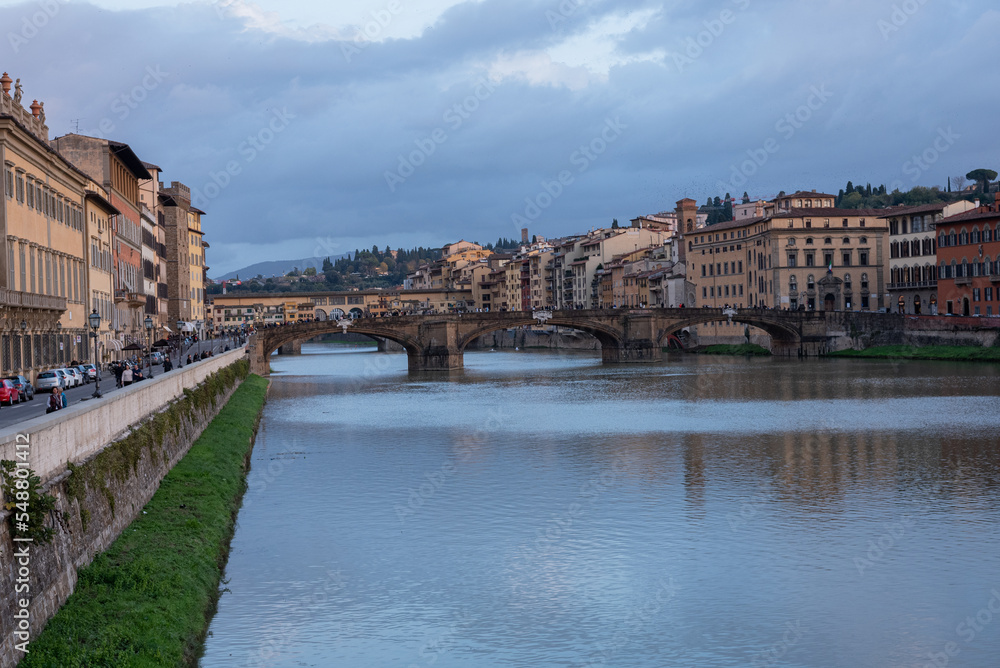 View of the old city bridge in Florence; Italy. Panorama. Background.	