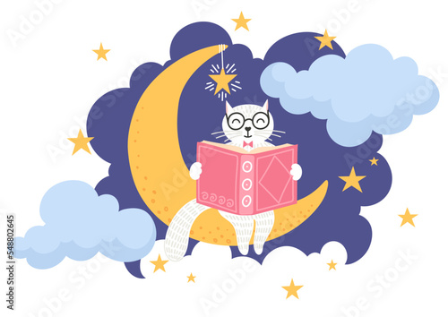 Bedtime reading. Cute cat reading book on the moon. Children's illustration.