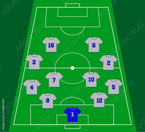 Football team formation. Soccer or football field with 11 shirt with numbers