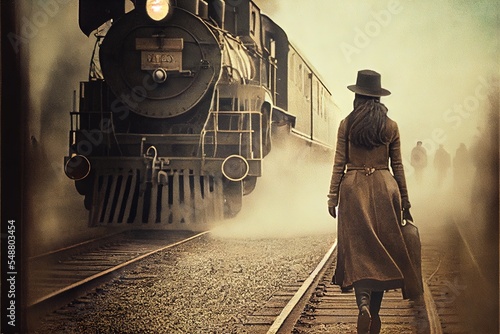 A 1970s era woman walking along up the railroad track towards an approaching steam locomotive, vintage film photo