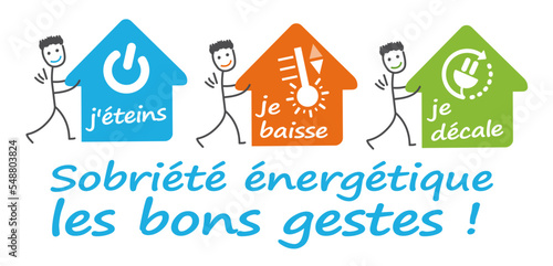 Sobriété énergétique et économie des énergies, les bons gestes à la maison : baisser le chauffage, éteindre les appareils, décaler les appareils électriques en dehors des heures de pointes