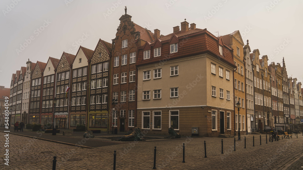 Tenement house in Gdansk on a foggy October morning.