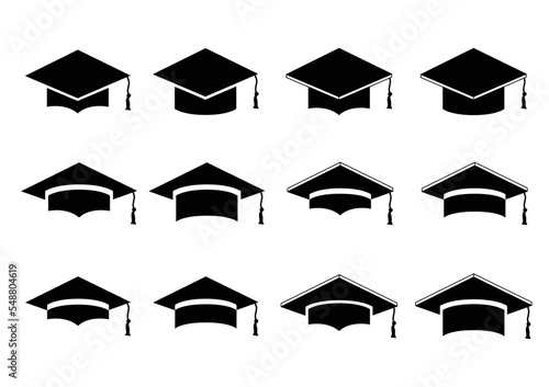 Graduate academy in university black cap. Isolated icon set vector on white background