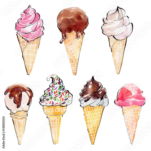 Ice cream painted in watercolor. Drawn watercolor illustration.
