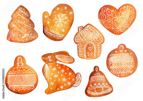 A set of Christmas gingerbread cookies. Watercolor illustration.