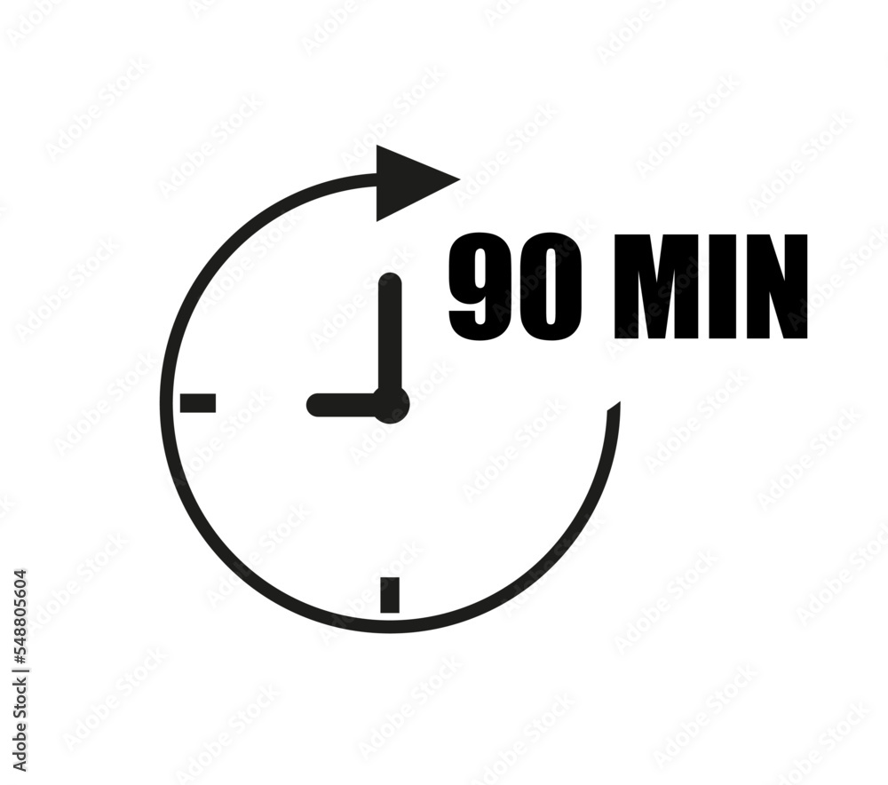 90 minutes clock vector with pointer. Black clockwise arrow with white background 90 minutes clock vector with pointer. Black clockwise arrow with white background