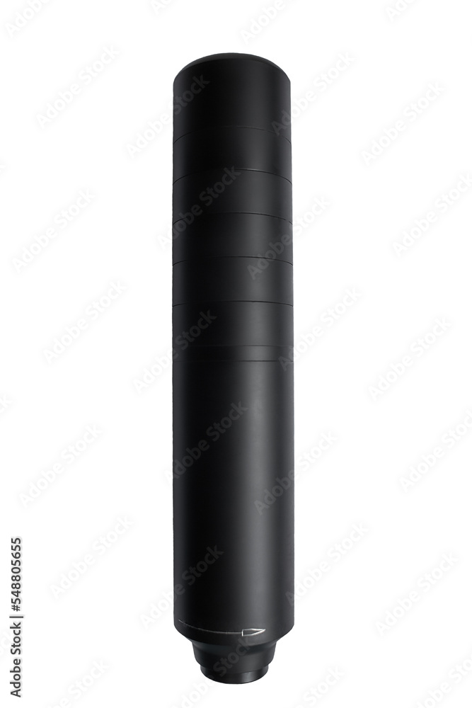 Black silencer for weapons. Suppressor that is at the end of an assault rifle. Isolate on a white background. Black silencer for weapons. Suppressor that is at the end of an assault rifle. Isolate on a white background.