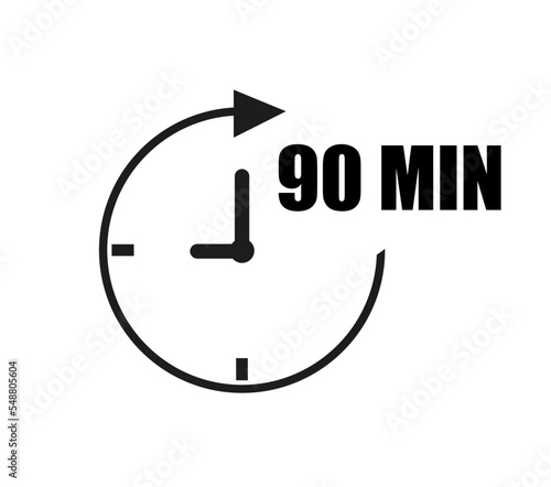 90 minutes clock vector with pointer. Black clockwise arrow with white background