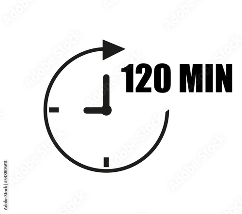 120 minutes clock vector with pointer. Black clockwise arrow with white background