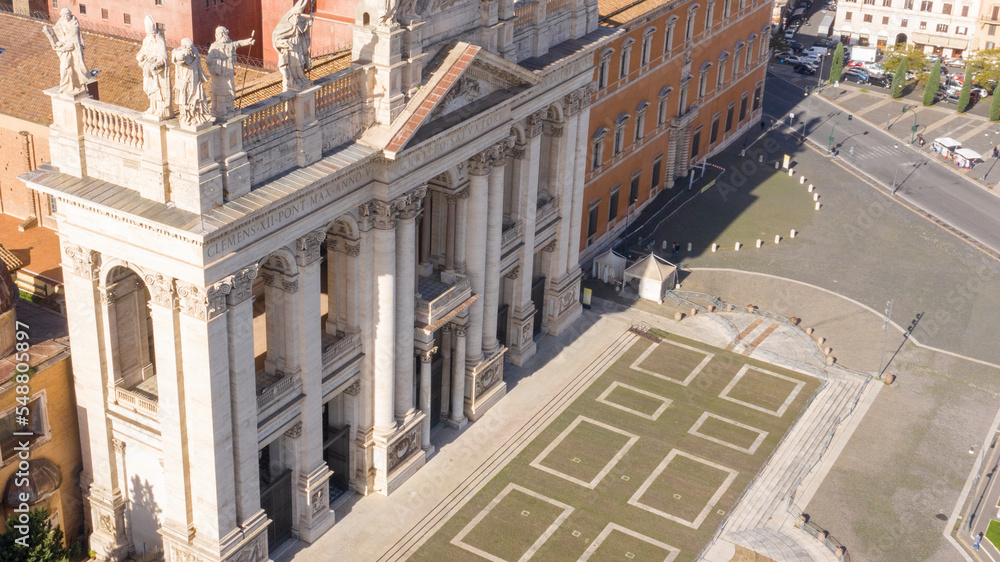 Aerial view of the Papal Archbasilica of Saint John Lateran, also referred to as the Cathedral of Rome. It is the oldest basilica in western Europe and the most important of the major papal basilicas.