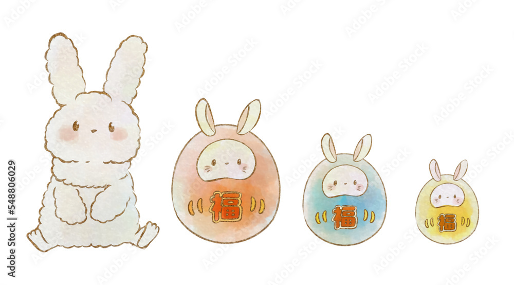 Fototapeta premium イラスト素材:うさぎと３つのうさぎの達磨(手描き水彩風)