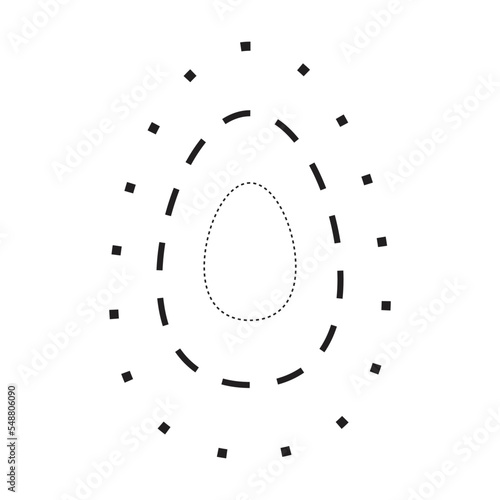 Tracing oval shape symbol, dashed and dotted broken line element for preschool, kindergarten and Montessori kids prewriting, drawing and cutting practice activities in vector illustration