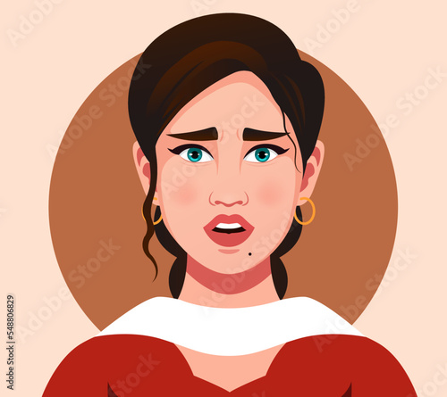 Shocked Indian woman in traditional dress. Portrait of a beautiful girl. Avatar Face expression flat vector. Woman wear Red suit with long dark hair. Avatar for a social network. Fashion illustration 