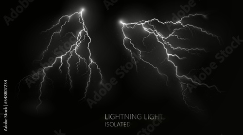 Light white isolated vector lightning png. Magic light abstract lines. Realistic natural lightning effects, Black transparent background.