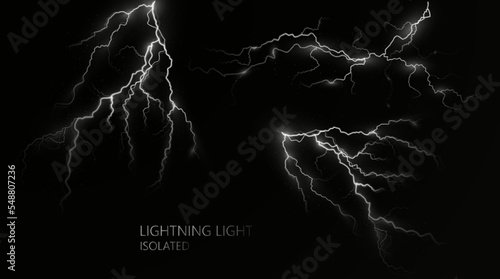 Light white isolated vector lightning png. Magic light abstract lines. Realistic natural lightning effects, Black transparent background.