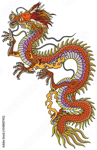 Chinese or Eastern red dragon. Traditional mythological creature of East Asia. Tattoo.Celestial feng shui animal. Side view. Graphic style isolated vector illustration