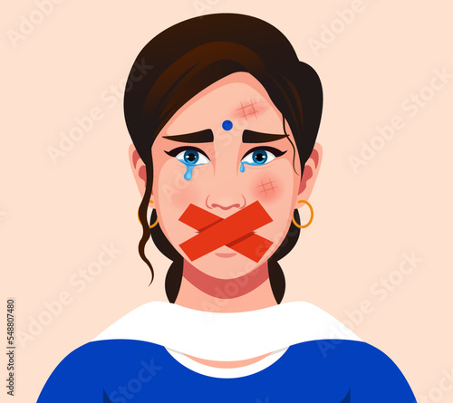 Indian woman crying, female victim of domestic abuse, speaking about suffering from gender-based physical and mental violence is censored, bad awareness about harassment, assault. awareness concept