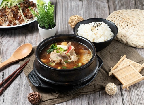 Beef miso soup with white rice served dish isolated on table top view of asian foodserved dish isolated on table top view of asian food photo