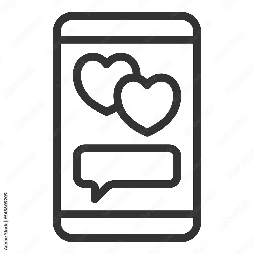Two hearts and dialogue on smartphone screen - icon, illustration on white background, outline style Two hearts and dialogue on smartphone screen - icon, illustration on white background, outline style