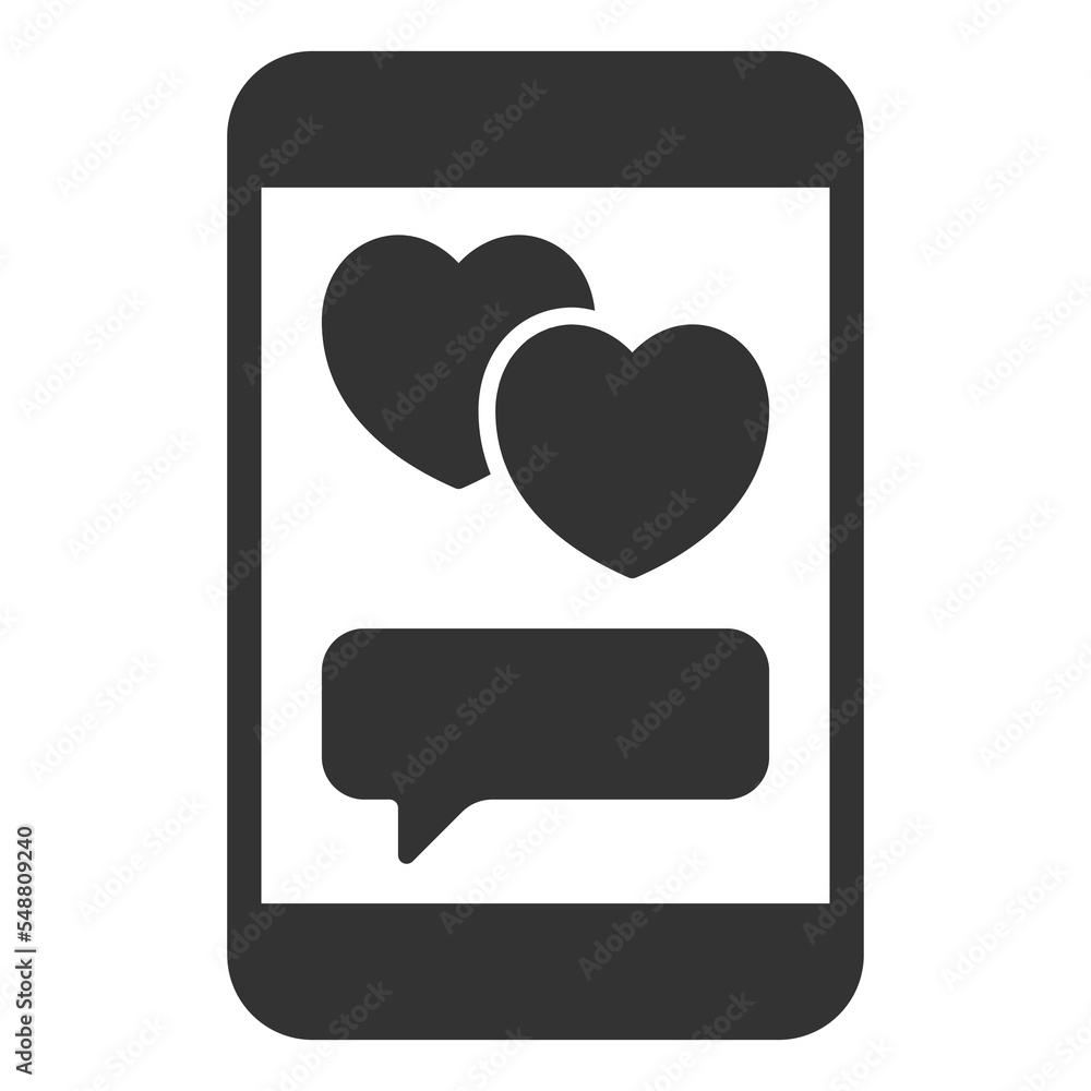 Two hearts and dialogue on smartphone screen - icon, illustration on white background, glyph style Two hearts and dialogue on smartphone screen - icon, illustration on white background, glyph style