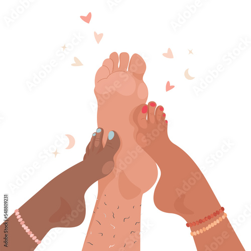 Feet of three naked partners of different nationalities hugging. Concept of polygamy. Polyamory of three people of different sexes. Free love and sexual relationship.