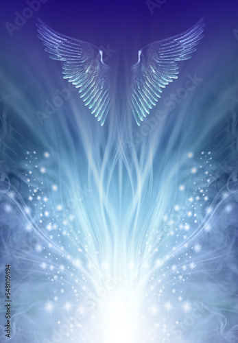 Guardian Angel Rising Up Vision - flowing white light with sparkles radiating outwards and shimmering angel wings on blue green above with space for messages ideal for a spiritual theme 